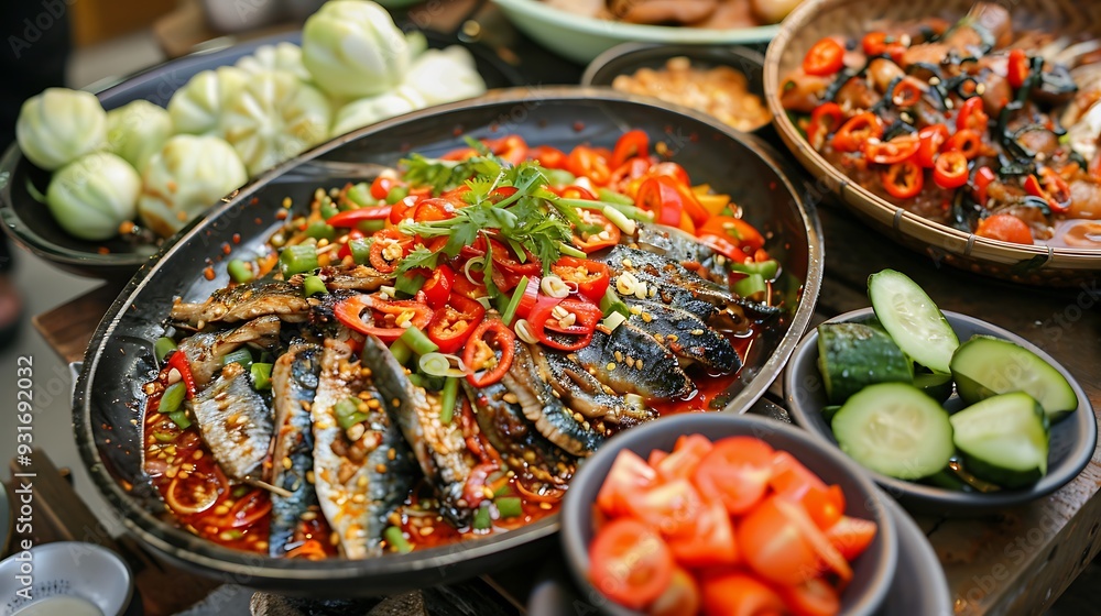 Fototapeta premium it is popular to eat fresh vegetables with chili paste in every meal plate with fried mackerel fresh vegetables and boiled vegetables