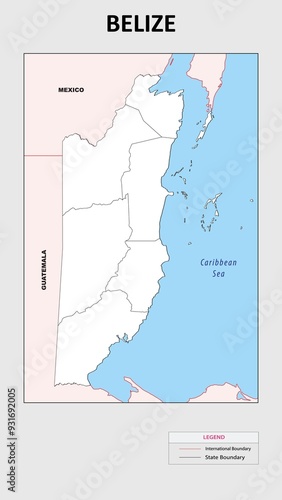 Belize Map. Political map of Belize with state border in outline. Political map of Belize with outline and neighbouring countries. photo