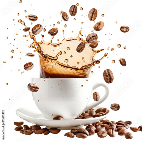 A white coffee cup with saucer surrounded by coffee beans with a splash of coffee and beans flying in the air. photo