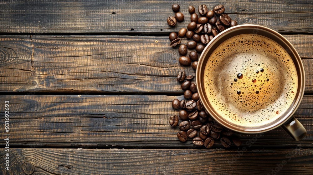 Steaming Cup of Coffee with Roasted Beans on Rustic Wooden Background. Top View, Copy Space Steaming Cup of Coffee with Roasted Beans on Rustic Wooden Background. Top View, Copy Space