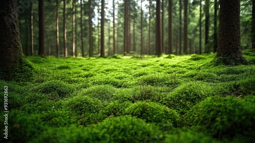 Dense green moss blankets the forest floor, creating a lush, tranquil scene full of natural beauty.