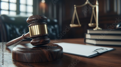 Gavel on a Wooden Desk in a Courtroom