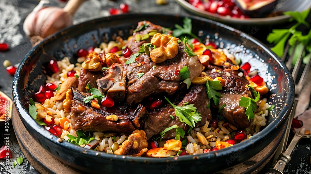 Lamb meat dish with nuts pomegranate and dried figs Lamb meat dish with nuts pomegranate and dried figs