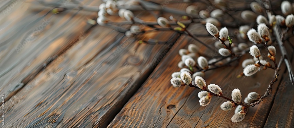 pussy willow on a wooden table. with copy space image. Place for adding text or design pussy willow on a wooden table. with copy space image. Place for adding text or design