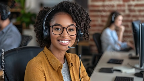 A smiling customer service representative wearing a headset and glasses, working at a computer in a modern office environment - AI Generated Digital Art.