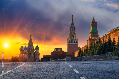Saint Basil's Cathedral, Spasskaya Tower, Mausoleum, Moscow Kremlin and Red Square in Moscow, Russia. Architecture and landmarks of Moscow.