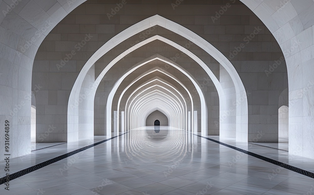 A symmetrical view of a grand, arched hallway with repeating patterns and reflections on a polished marble floor, leading to a distant doorway - AI Generated Digital Art. A symmetrical view of a grand, arched hallway with repeating patterns and reflections on a polished marble floor, leading to a distant doorway - AI Generated Digital Art.