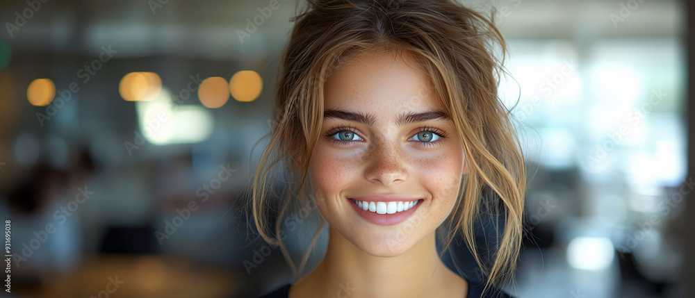 A close-up of a young professional woman smiling confidently, with a blurred office environment in the background. A close-up of a young professional woman smiling confidently, with a blurred office environment in the background.