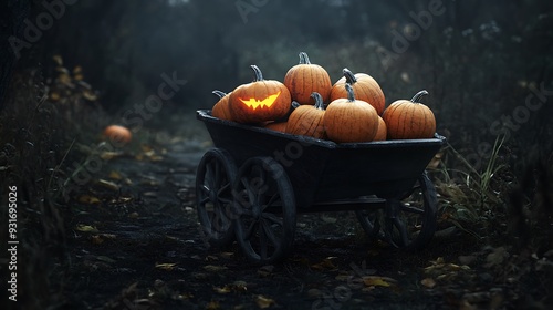 A spooky Halloween scene with a cart full of pumpkins, one with a lit jack-o-lantern face, in a misty forest.