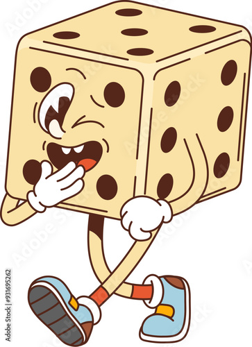 Retro groovy casino dice character with a humorous, playful expression, laughing and winking an eye. Isolated cartoon vector gaming cube personage embodies vintage fun vibes for casino gamble games