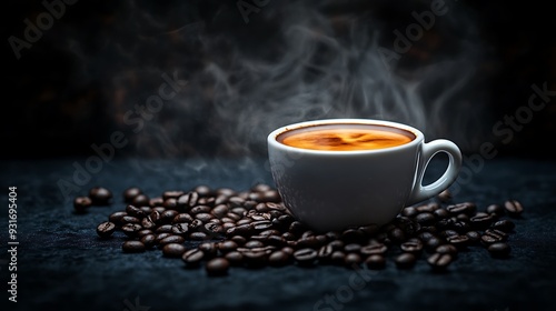 A steaming cup of espresso sits on a bed of roasted coffee beans against a dark background.