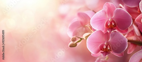 Delicate pink soft background featuring orchid flowers Floral greeting card spring concept Copy space