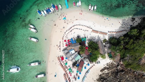 Aerial view Nature sea. Turquoise Sea and White beach sand in copy space, Aerial view of drone, Seawater clear and blue green. Nature in Khai Island. At Khai island, Phuket, Thailand. High quality 4k