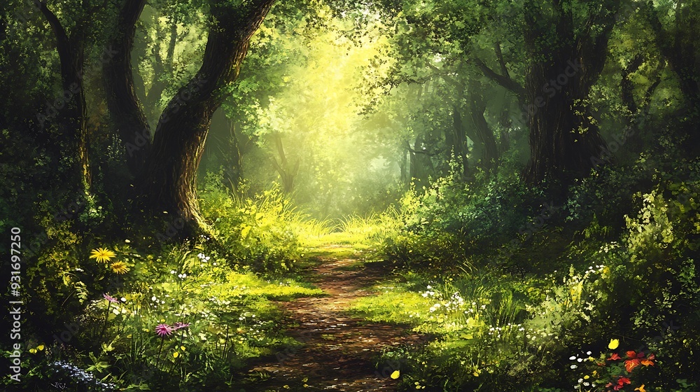 A sunlit path winds through a lush green forest, dappled with wildflowers. A sunlit path winds through a lush green forest, dappled with wildflowers.