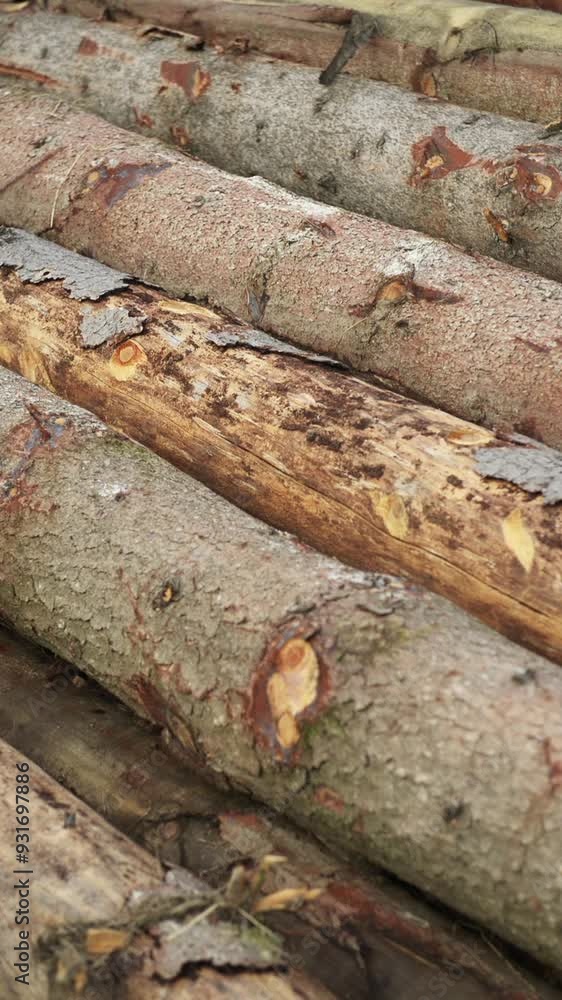 Stack of logs at a lumberyard, felled trees with details of bark and wood