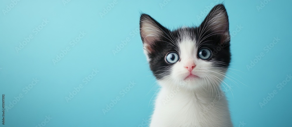 Fototapeta premium black and white kitten set against a blue background. with copy space image. Place for adding text or design