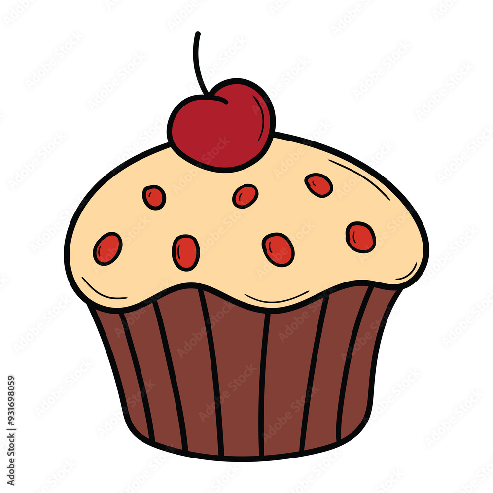Hand drawn cartoon cherry cupcake on white background. Hand drawn cartoon cherry cupcake on white background.