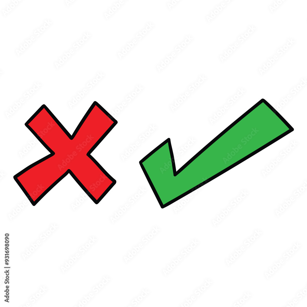 Hand drawn cartoon cross and check mark on white background. Hand drawn cartoon cross and check mark on white background.