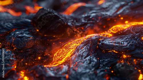 Close-Up of Molten Lava Flowing Over Black Rocks in a Volcanic Eruption