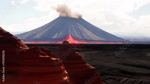 Aerial view of a canyon overlooking an active volcano photo