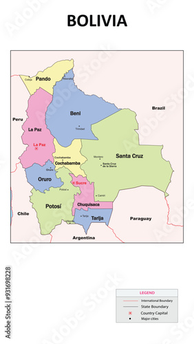 Bolivia Map. State and union territories of Bolivia with neighbouring countries. Political map of Bolivia with capital and important cities in Detailed.
