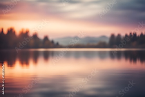 A dreamy bokeh background of a sunset over a calm lake with reflections in the water, Ai Generated