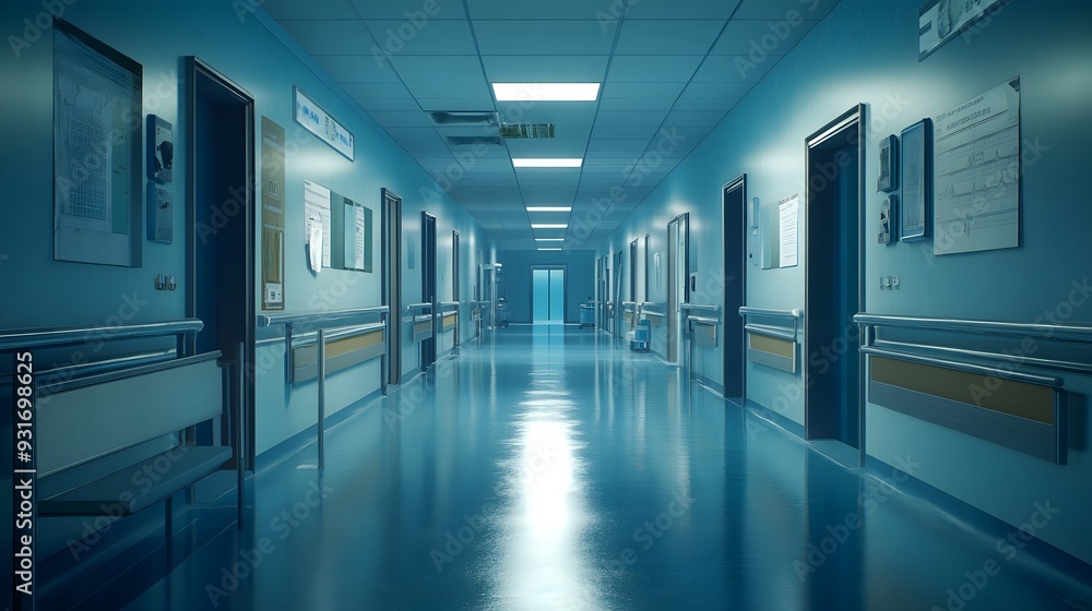 Empty hospital interior, showcasing unoccupied medical spaces and vacant rooms. Empty hospital interior, showcasing unoccupied medical spaces and vacant rooms.