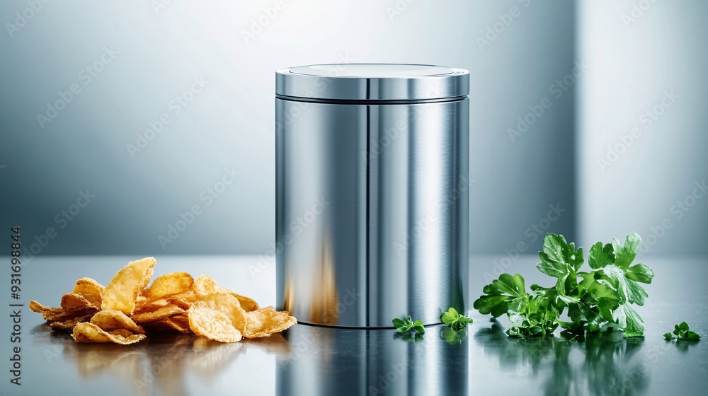 A sleek metallic silver fast food package with a shiny finish and no label is artfully placed on a reflective silver surface, creating a high-tech and contemporary look. The package is cylindrical A sleek metallic silver fast food package with a shiny finish and no label is artfully placed on a reflective silver surface, creating a high-tech and contemporary look. The package is cylindrical