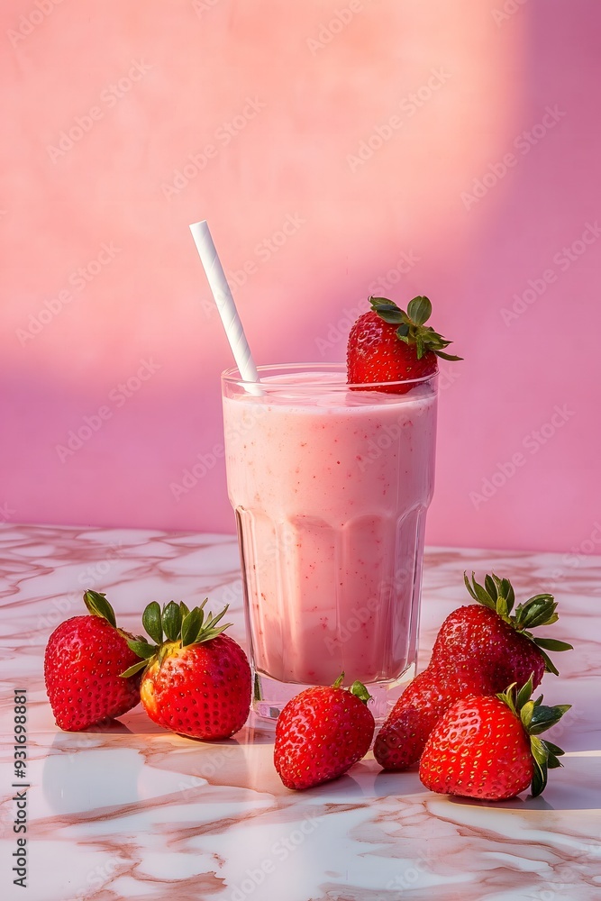 Realistic aesthetic photography of a strawberry smoothie on a modern beige marble table. Realistic aesthetic photography of a strawberry smoothie on a modern beige marble table.