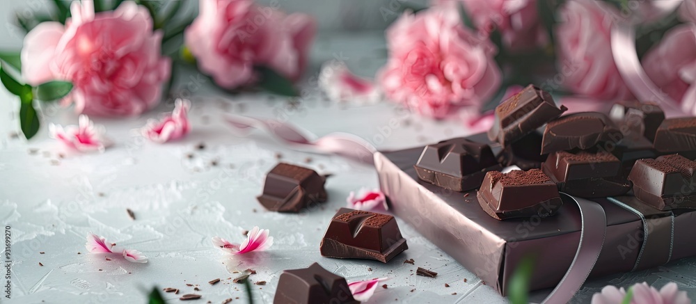 Chocolate pieces a gift box and carnations. with copy space image. Place for adding text or design Chocolate pieces a gift box and carnations. with copy space image. Place for adding text or design