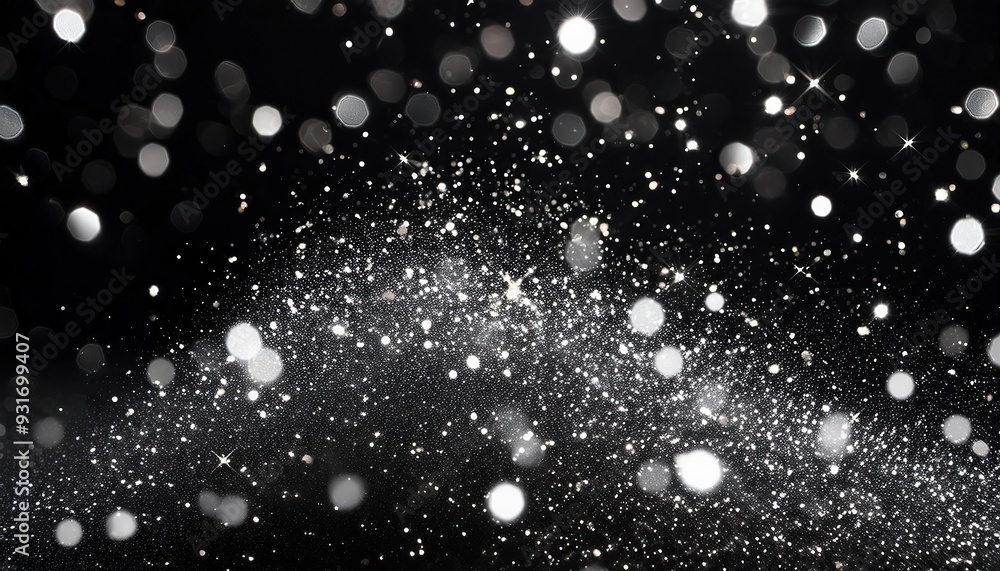 Obraz premium A cloud of tiny particles and dust explodes against a dark background, creating an abstract, shimmering effect in the darkness.