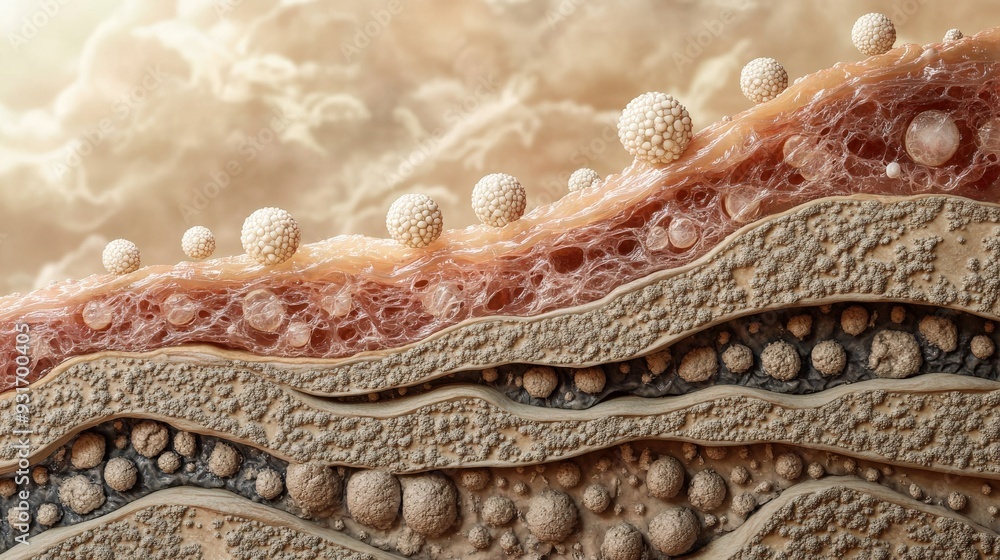 Close examination of human skin layers showcasing cells, moisture, and textures under natural lighting conditions Close examination of human skin layers showcasing cells, moisture, and textures under natural lighting conditions