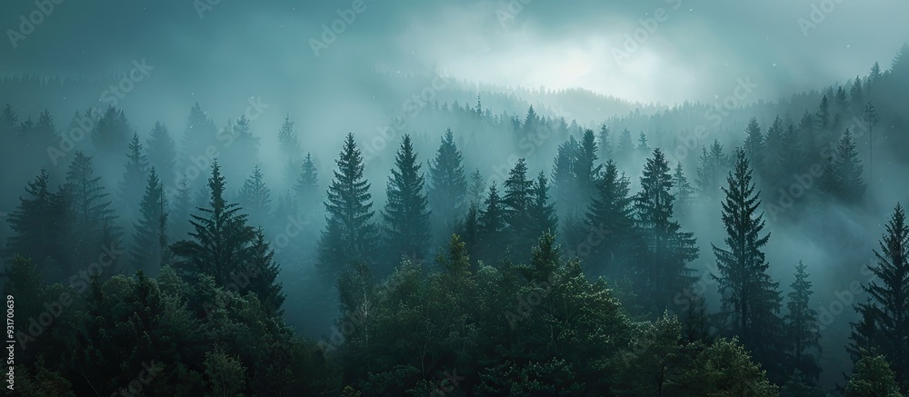 Pine forest enveloped in thick fog. with copy space image. Place for adding text or design Pine forest enveloped in thick fog. with copy space image. Place for adding text or design