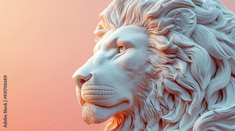 Naklejka premium A close-up portrait of a majestic lion statue, rendered in a white, smooth finish against a soft pink background.