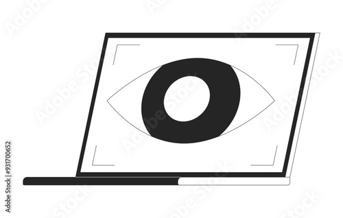 Laptop eye tracking black and white 2D line object. Monitoring surveillance notebook isolated vector outline item. Digital authorization. Identification technology monochromatic flat spot illustration