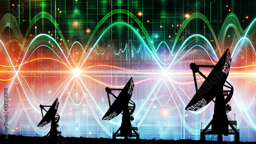 Silhouette Radioteleskop Array mit Parabolspiegeln beim Überwachen von Signalen und Radiofrequenzen im Weltall - Wissenschaft und Astronomie photo