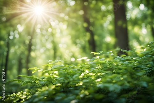 A soft focus bokeh background of a lush green forest with sunlight filtering through the leaves, AI Generated