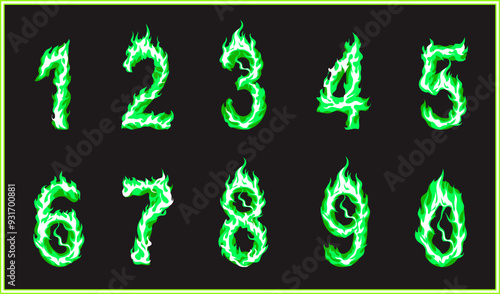 Set of burning numbers from one to ten made from cartoonish green flames.