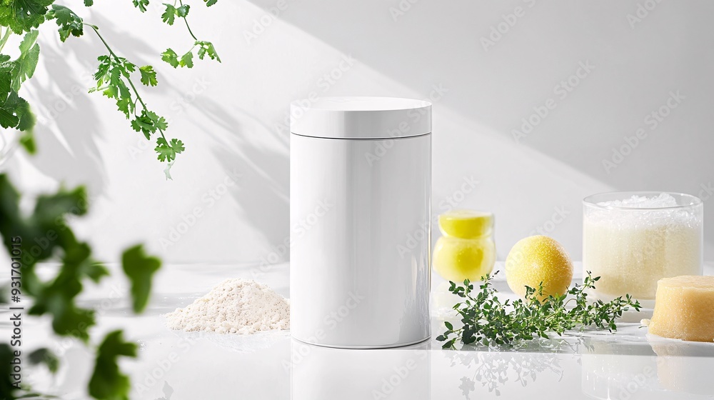 A sleek white dessert package with a glossy finish and no label is displayed on a reflective white surface, creating a clean and modern look. The package is cylindrical with a secure top, suitable A sleek white dessert package with a glossy finish and no label is displayed on a reflective white surface, creating a clean and modern look. The package is cylindrical with a secure top, suitable
