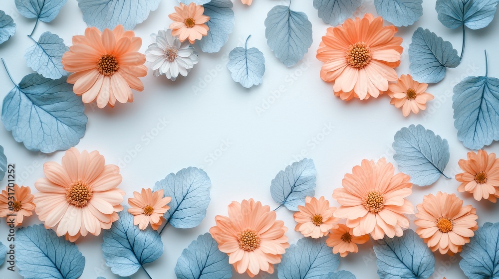 A delicate frame of peach flowers and blue leaves on a white background. A delicate frame of peach flowers and blue leaves on a white background.