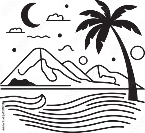 beach black and white vector art illustration