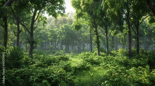 Lush Green Forest with Sunlight Streaming Through the Trees - 3D Render