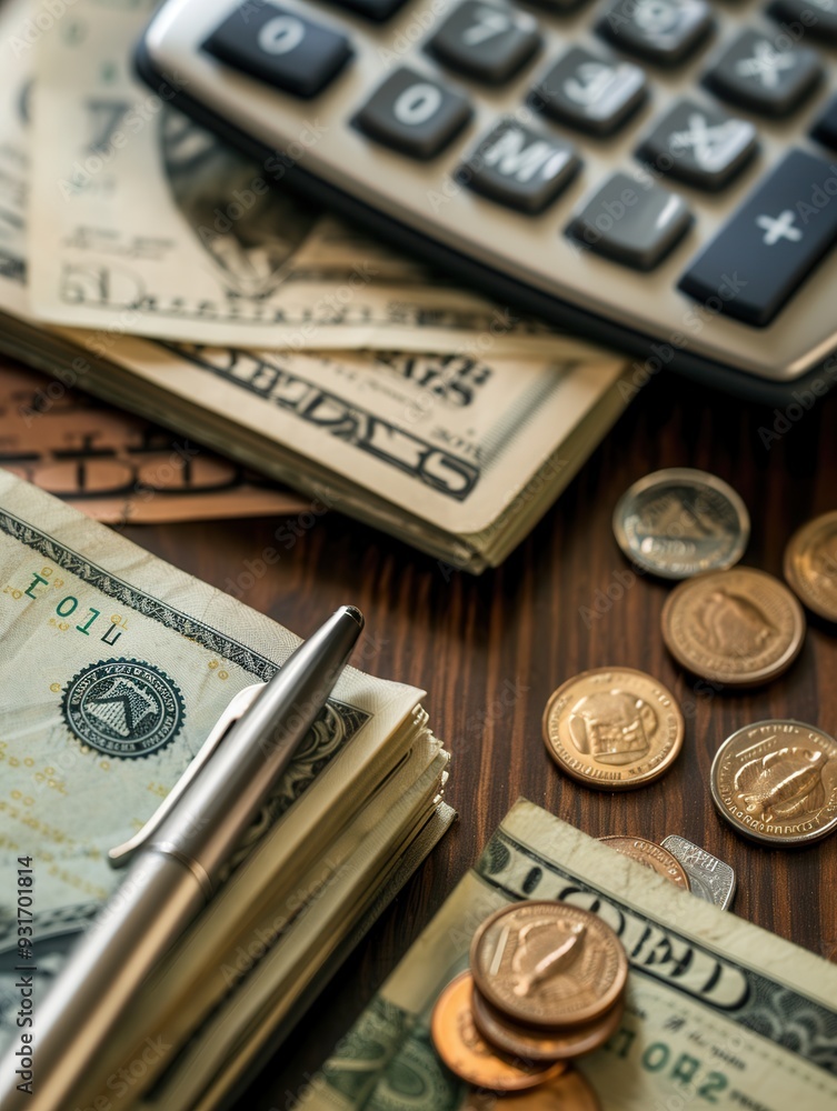 Fototapeta premium A stack of cash and coins is placed next to an open notebook filled with notes and calculations, indicating financial planning efforts. Generative AI