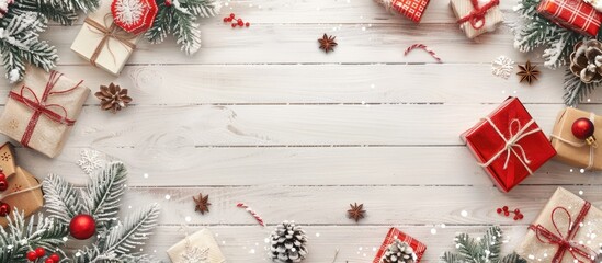 Merry Christmas and Happy Holidays greeting card frame banner New Year Handmade Christmas gifts and presents on a weathered white wood background top view Winter holiday theme Flat lay