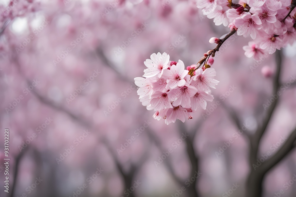 Blurry background of a blooming cherry blossom tree with pink petals, Ai Generated