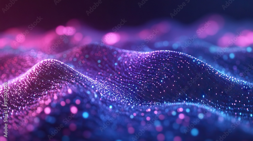 Digital background with glowing data particles in blue and purple tones, creating an atmosphere of innovation with flowing light trails on a dark grey backdrop. AI generated illustration Digital background with glowing data particles in blue and purple tones, creating an atmosphere of innovation with flowing light trails on a dark grey backdrop. AI generated illustration