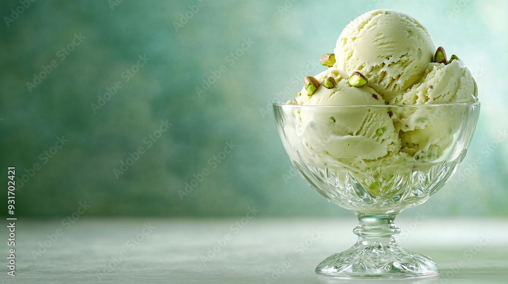 A luxurious scoop of pistachio ice cream is presented in a clear glass bowl, garnished with a few chopped pistachios and a drizzle of honey. The bowl rests on a pristine white surface, and the A luxurious scoop of pistachio ice cream is presented in a clear glass bowl, garnished with a few chopped pistachios and a drizzle of honey. The bowl rests on a pristine white surface, and the