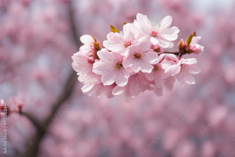 Fototapeta premium Blurry background of a blooming cherry blossom tree with pink petals, Ai Generated