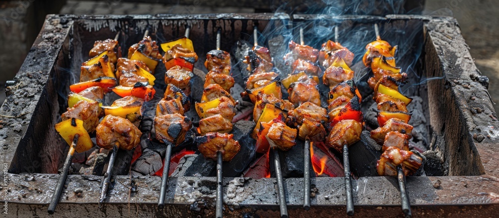 Grill with a variety of tasty barbecues outdoors with a selective focus. with copy space image. Place for adding text or design Grill with a variety of tasty barbecues outdoors with a selective focus. with copy space image. Place for adding text or design