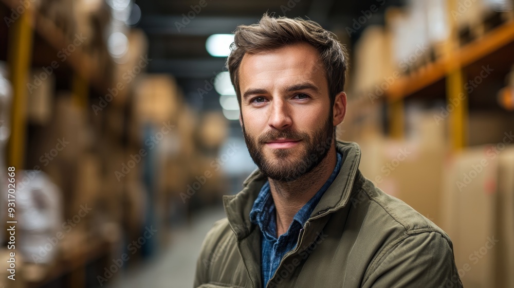 Fototapeta premium Portrait of a young man standing in corridor of warehouse